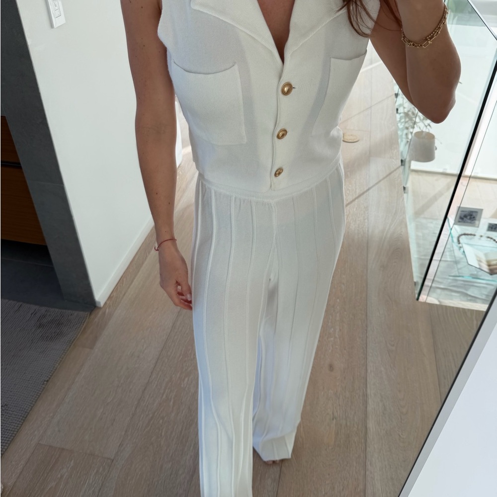 Sleeveless White Knit Jumpsuit with Gold Buttons